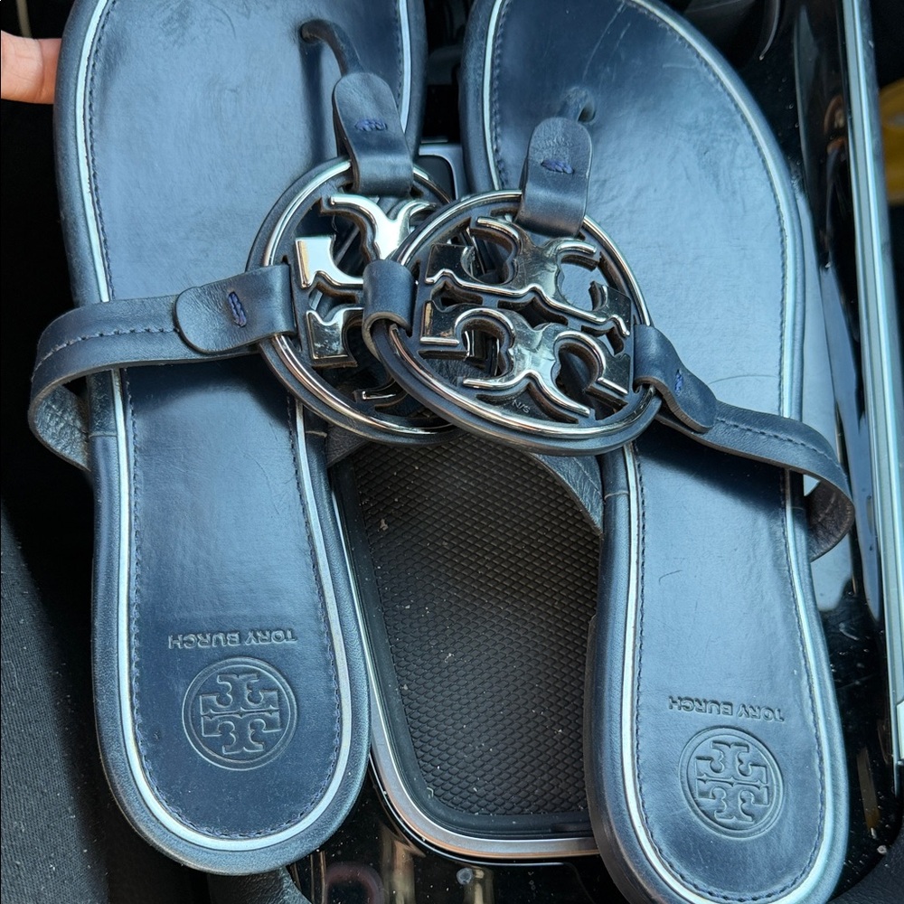 Tory Burch Black Leather Miller Logo Thong Sandals with Gold Emblem